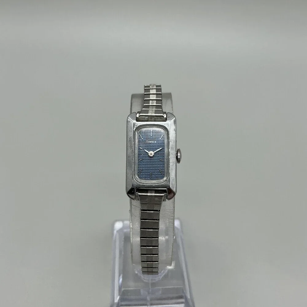 Vintage Timex Womens Watch 15mm Blue Dial Silver Tone Expansion Manual Wind